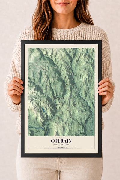 Colrain, Massachusetts map print - 12 x 18 black Ayous wood frame