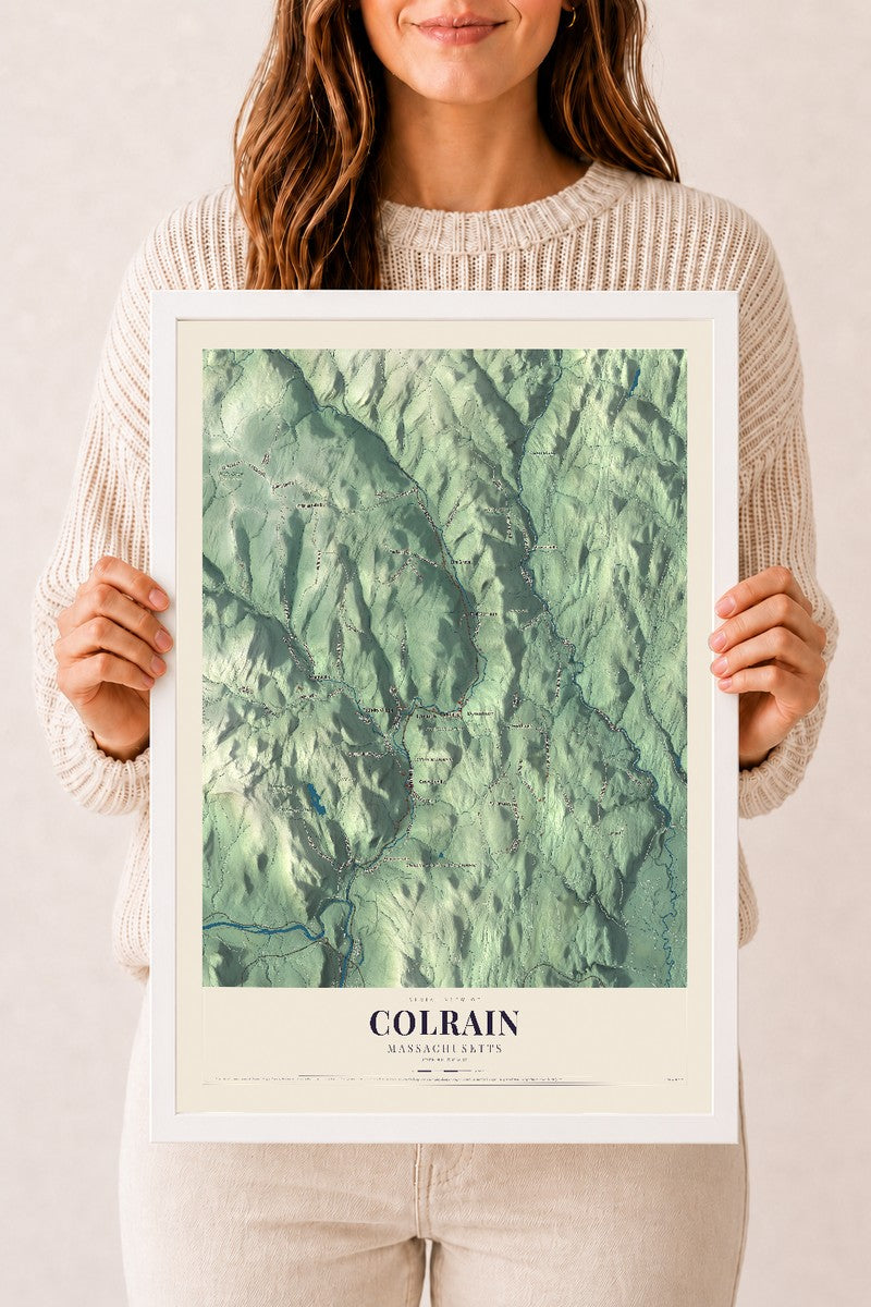 Colrain, Massachusetts map print - 12 x 18 white Ayous wood frame