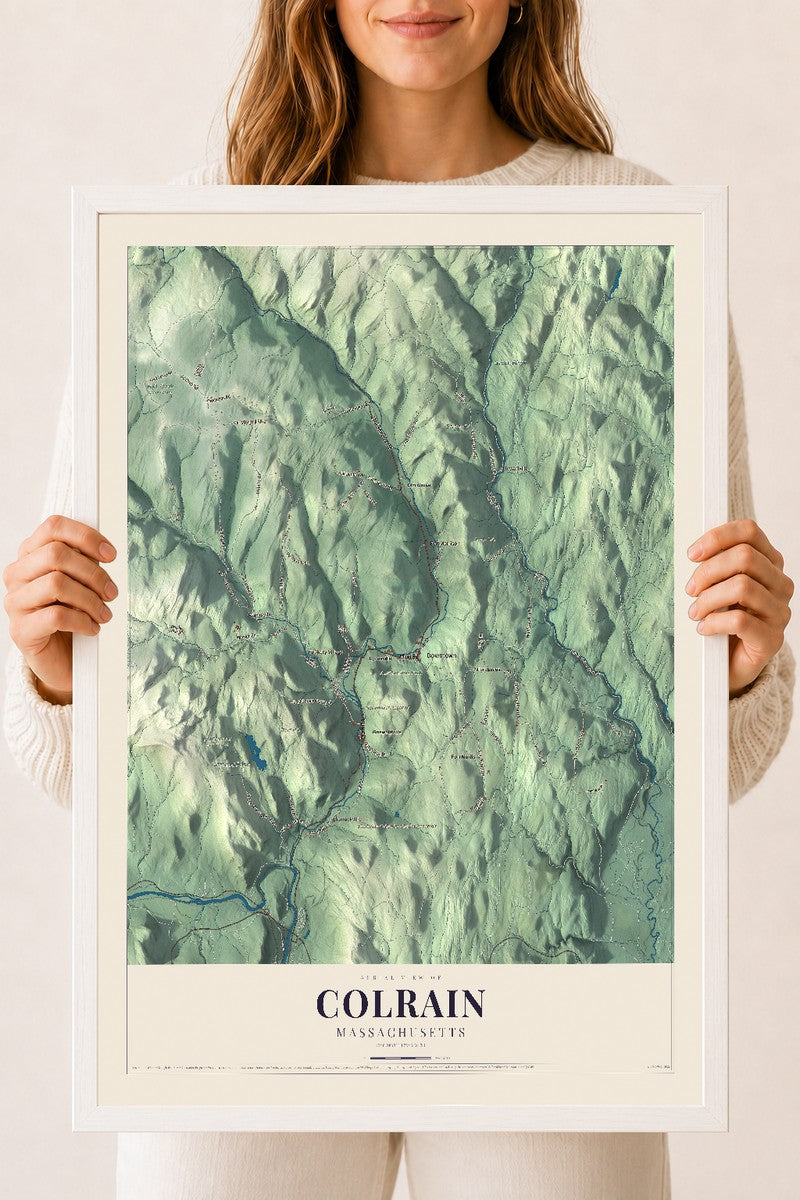 Colrain, Massachusetts map print - 18 x 24 white Ayous wood frame