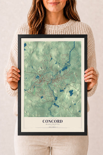 Concord, Massachusetts map print - 12 x 18 black Ayous wood frame