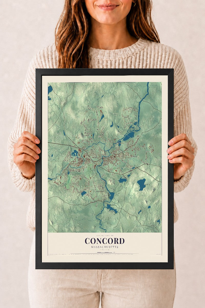 Concord, Massachusetts map print - 12 x 18 black Ayous wood frame
