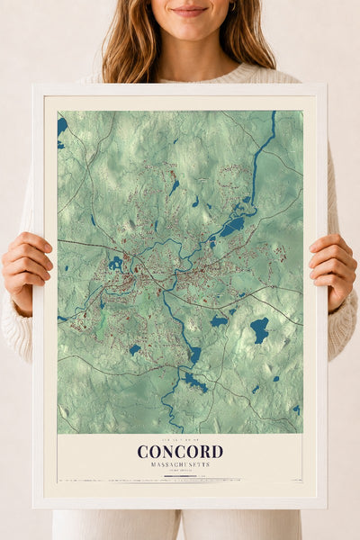 Concord, Massachusetts map print - 18 x 24 white Ayous wood frame