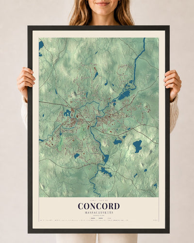 Concord, Massachusetts map print - 24 x 36 black Ayous wood frame