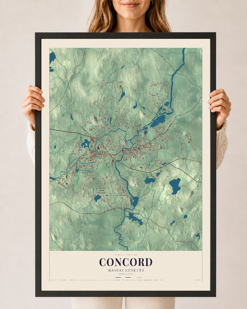 Concord, Massachusetts map print - 24 x 36 black Ayous wood frame