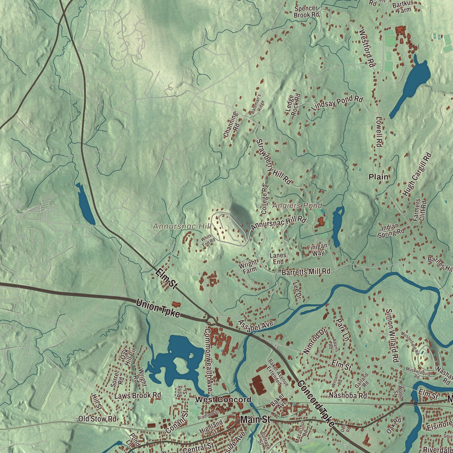 Terrain and local geography detail from the Concord, Massachusetts map