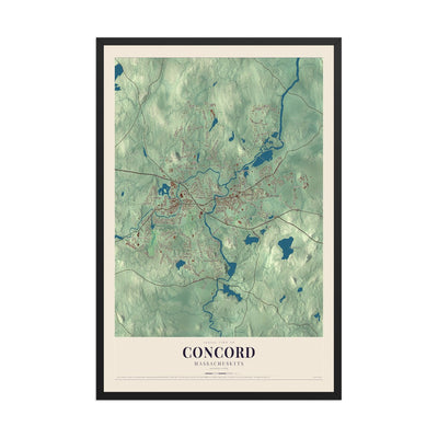 Map of Concord, Massachusetts, 12 x 18 inch print in a black wood frame