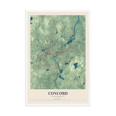 Map of Concord, Massachusetts, 12 x 18 inch print in a white wood frame