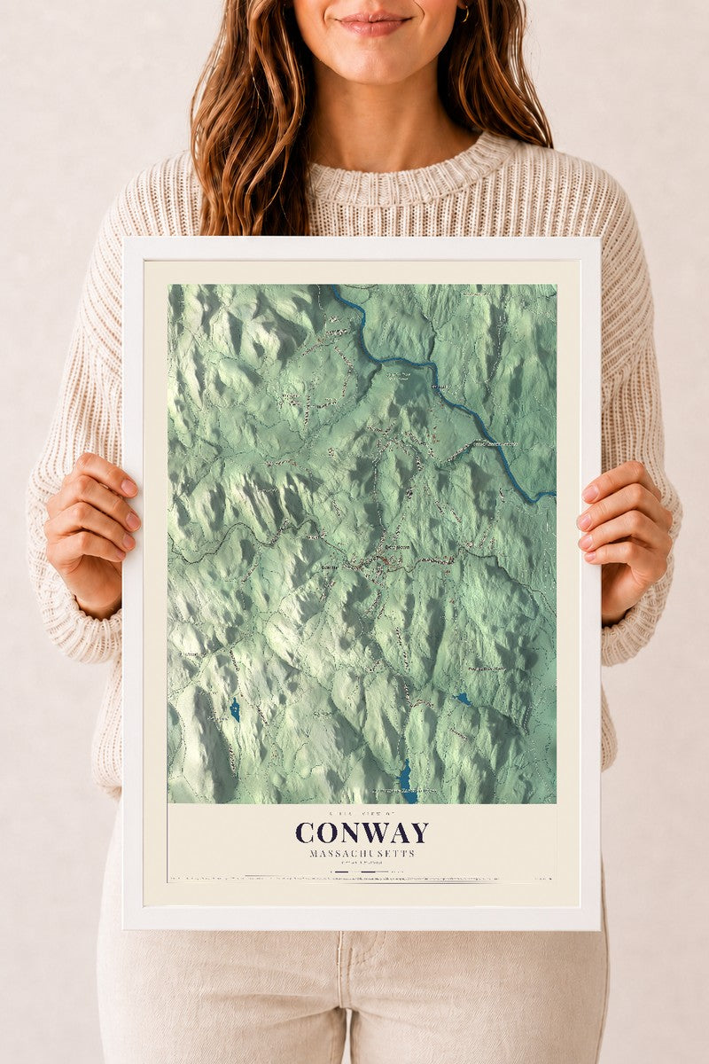 Conway, Massachusetts map print - 12 x 18 white Ayous wood frame