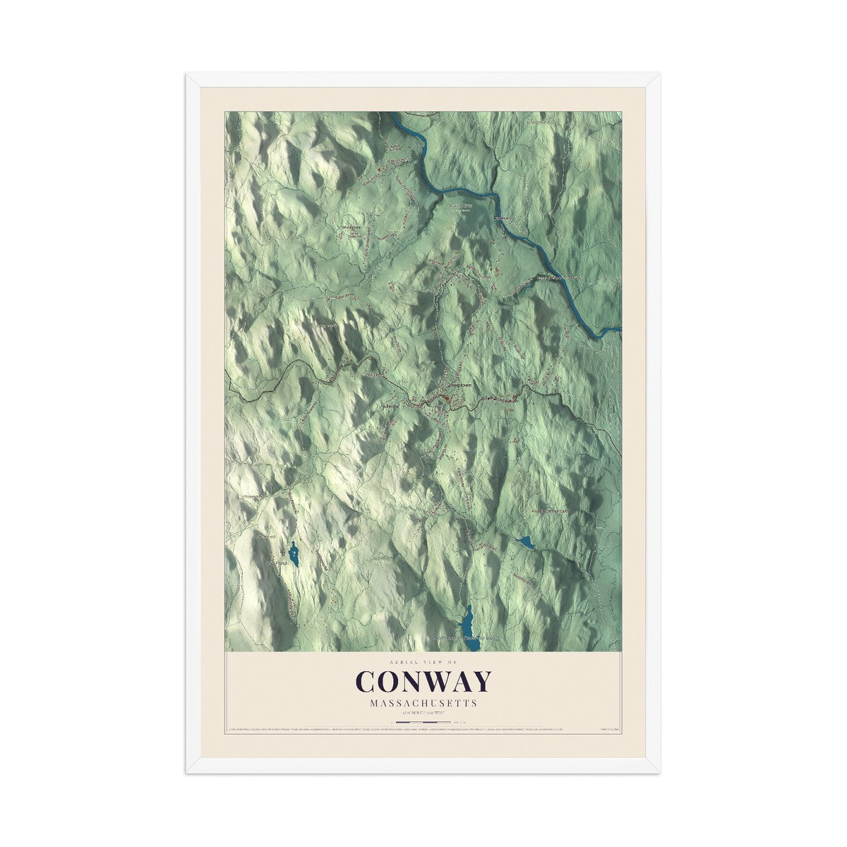 Map of Conway, Massachusetts, 12 x 18 inch print in a white wood frame