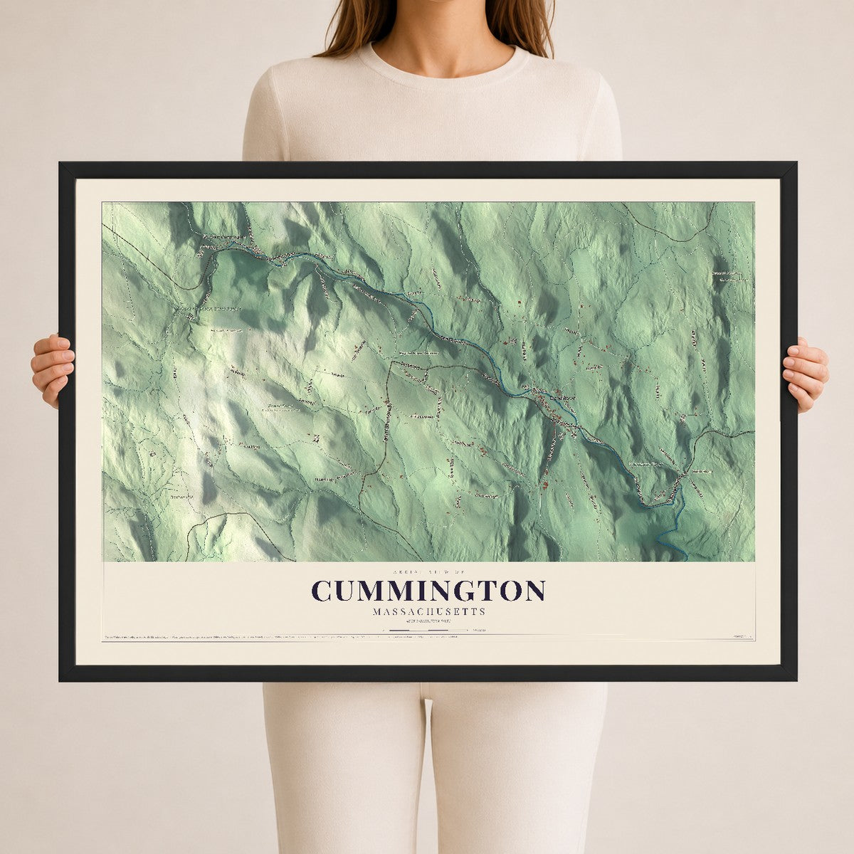 Cummington, Massachusetts map print - 24 x 36 black Ayous wood frame