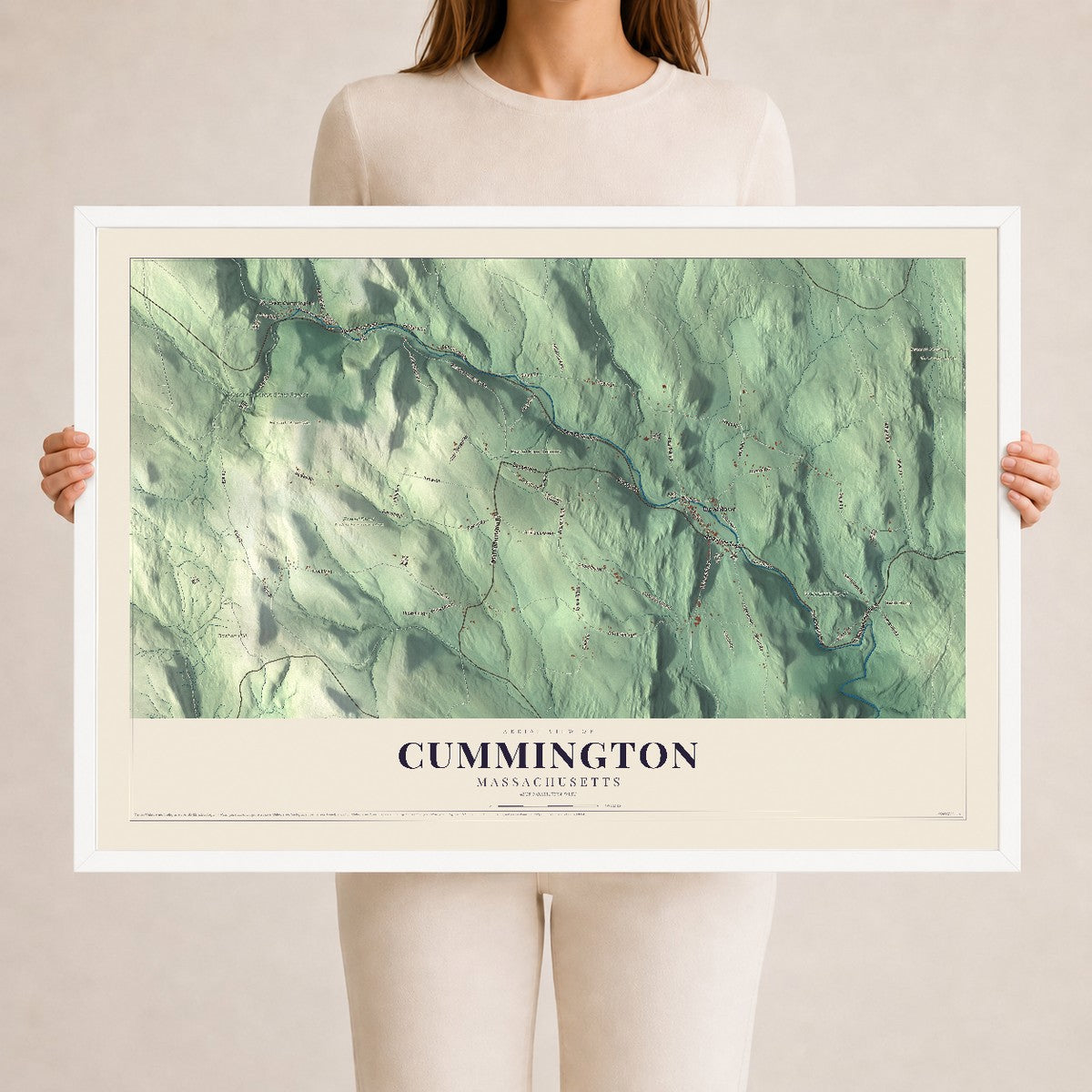 Cummington, Massachusetts map print - 24 x 36 white Ayous wood frame
