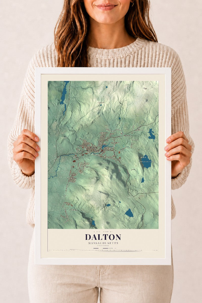 Dalton, Massachusetts map print - 12 x 18 white Ayous wood frame