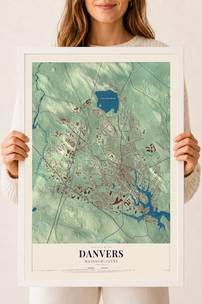 Danvers, Massachusetts map print - 18 x 24 white Ayous wood frame
