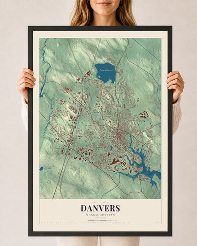 Danvers, Massachusetts map print - 24 x 36 black Ayous wood frame