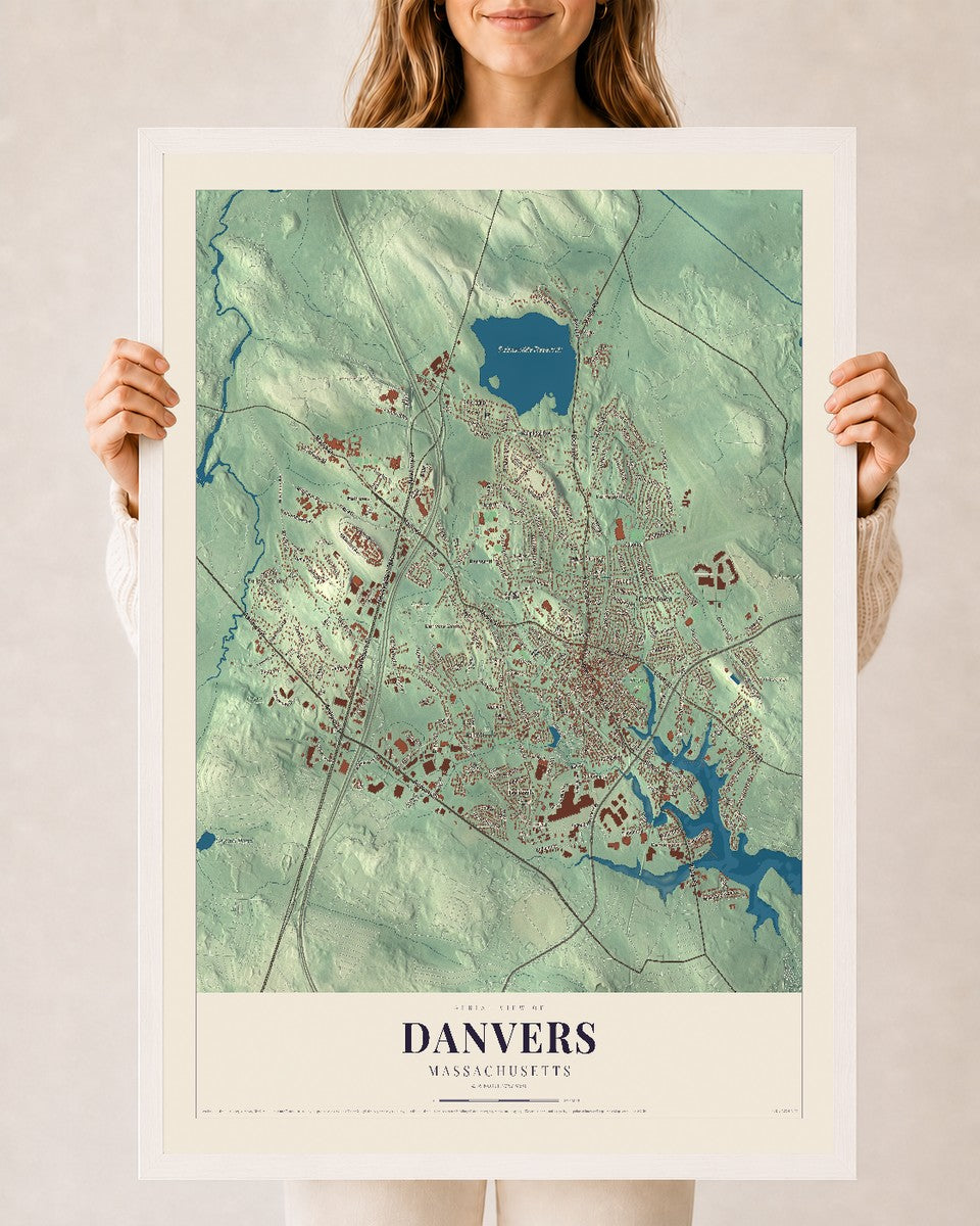 Danvers, Massachusetts map print - 24 x 36 white Ayous wood frame