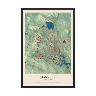Map of Danvers, Massachusetts, 12 x 18 inch print in a black wood frame