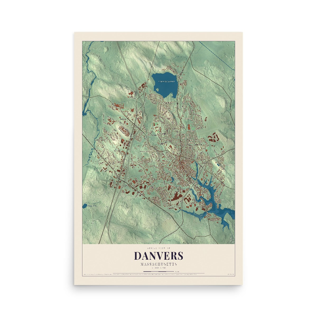Map of Danvers, Massachusetts, 12 x 18 inch unframed archival matte print