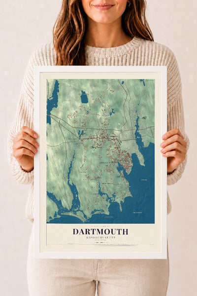 Dartmouth, Massachusetts map print - 12 x 18 white Ayous wood frame
