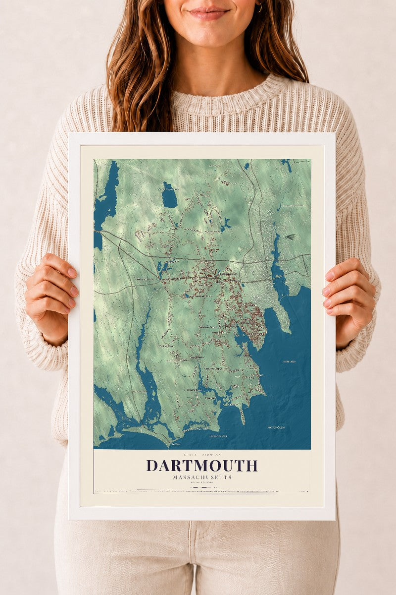 Dartmouth, Massachusetts map print - 12 x 18 white Ayous wood frame