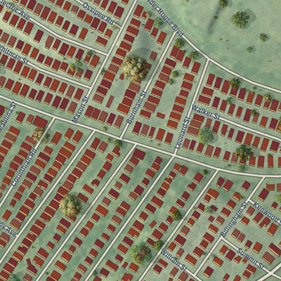 Close-up of the map of Davis Square, Massachusetts print showing street and building detail