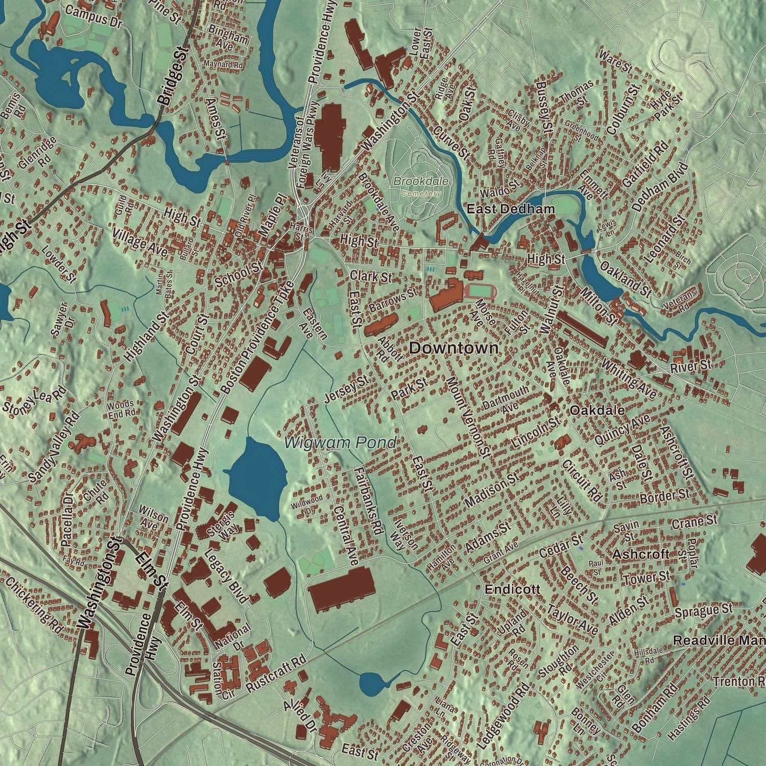 Street and neighborhood detail from the Dedham, Massachusetts map