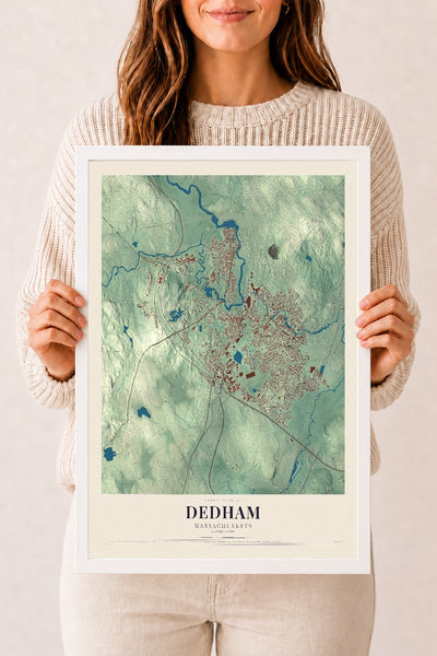 Dedham, Massachusetts map print - 12 x 18 white Ayous wood frame