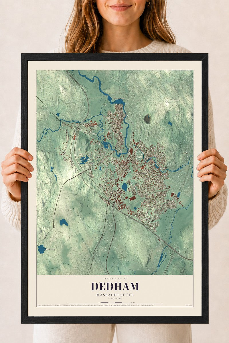 Dedham, Massachusetts map print - 18 x 24 black Ayous wood frame