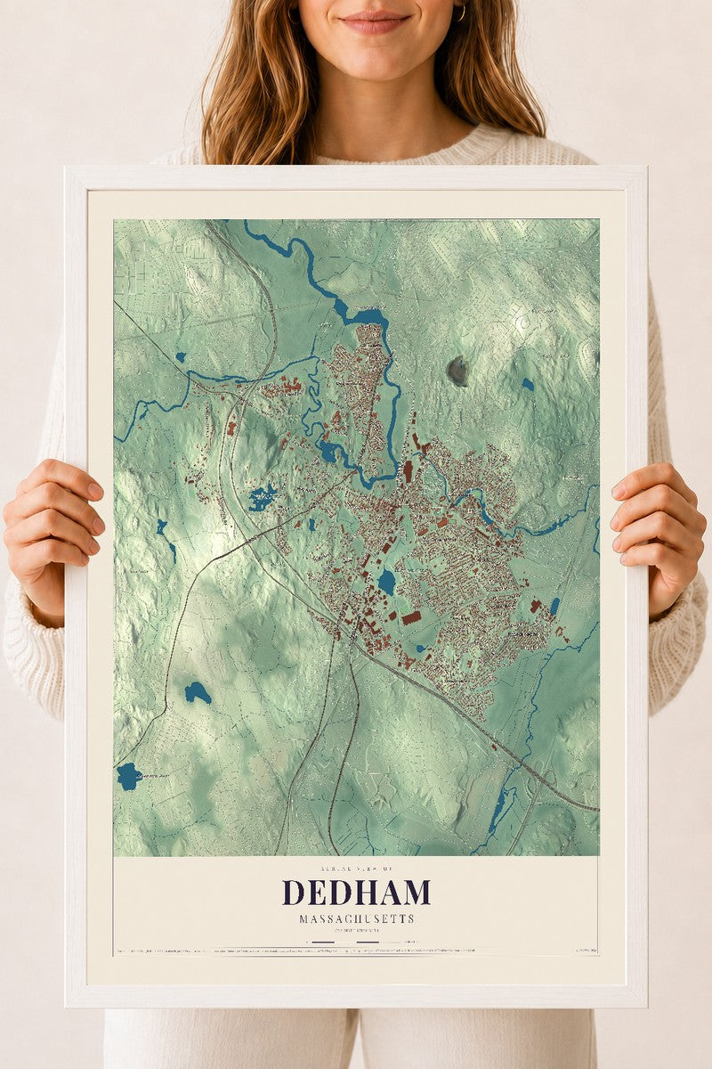 Dedham, Massachusetts map print - 18 x 24 white Ayous wood frame