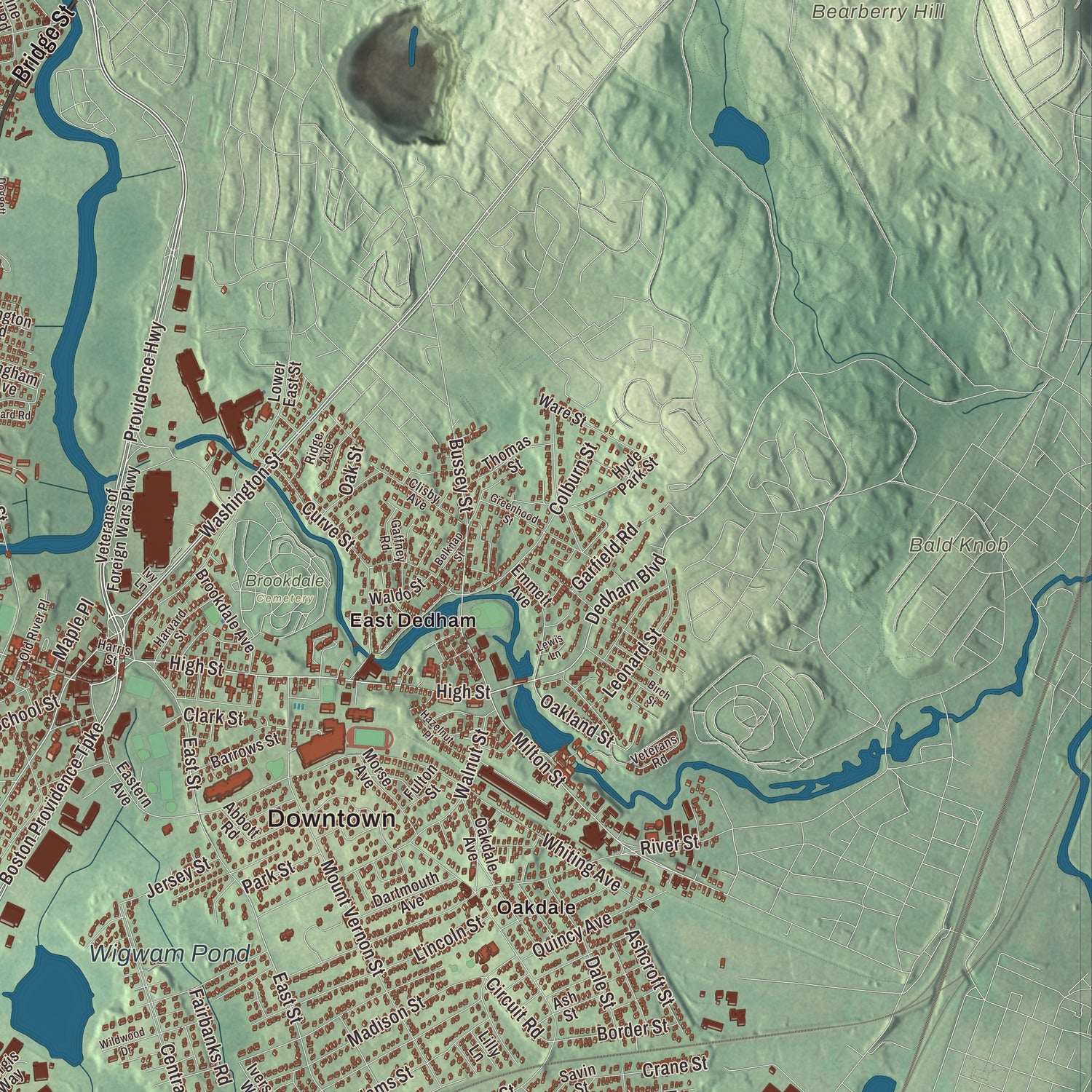 Terrain and local geography detail from the Dedham, Massachusetts map