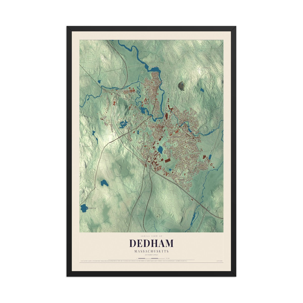 Map of Dedham, Massachusetts, 12 x 18 inch print in a black wood frame