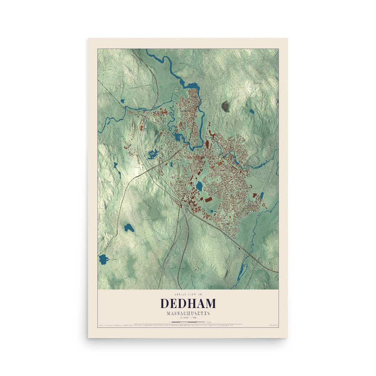 Map of Dedham, Massachusetts, 12 x 18 inch unframed archival matte print