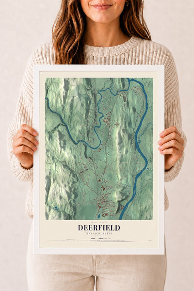 Deerfield, Massachusetts map print - 12 x 18 white Ayous wood frame