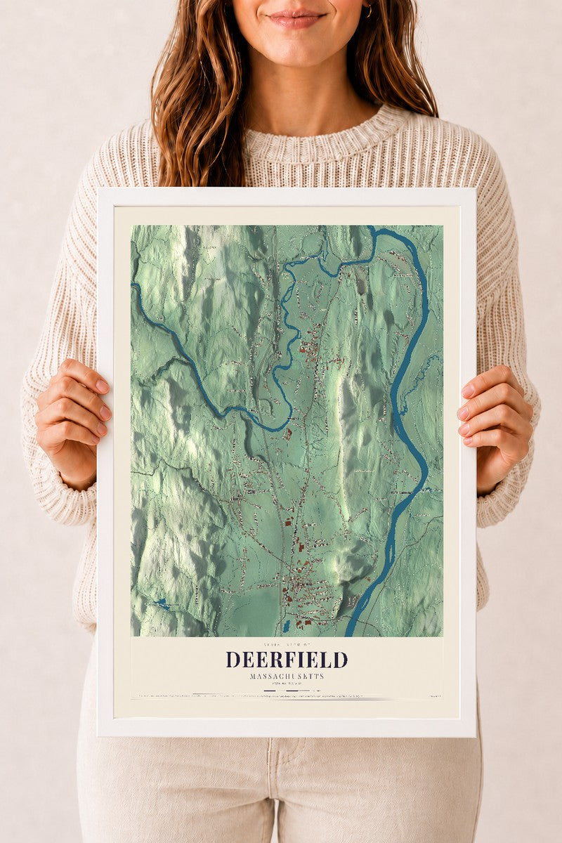 Deerfield, Massachusetts map print - 12 x 18 white Ayous wood frame