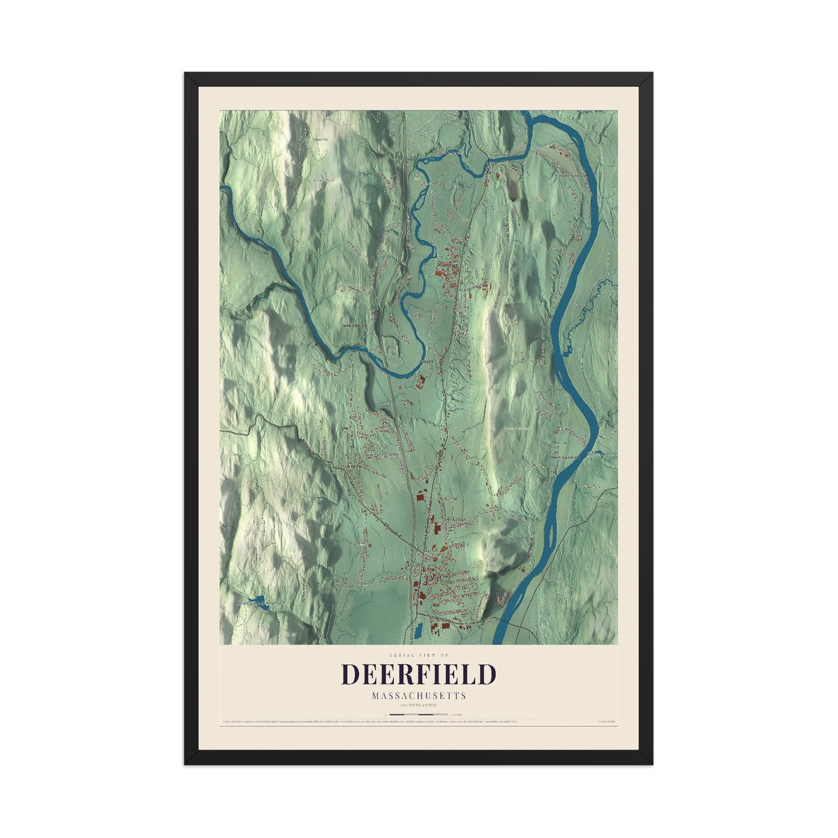 Map of Deerfield, Massachusetts, 12 x 18 inch print in a black wood frame