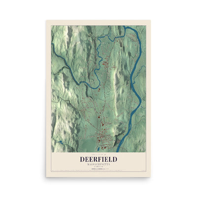 Map of Deerfield, Massachusetts, 12 x 18 inch unframed archival matte print