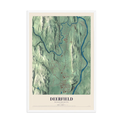 Map of Deerfield, Massachusetts, 12 x 18 inch print in a white wood frame