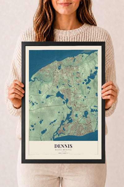 Dennis, Massachusetts map print - 12 x 18 black Ayous wood frame