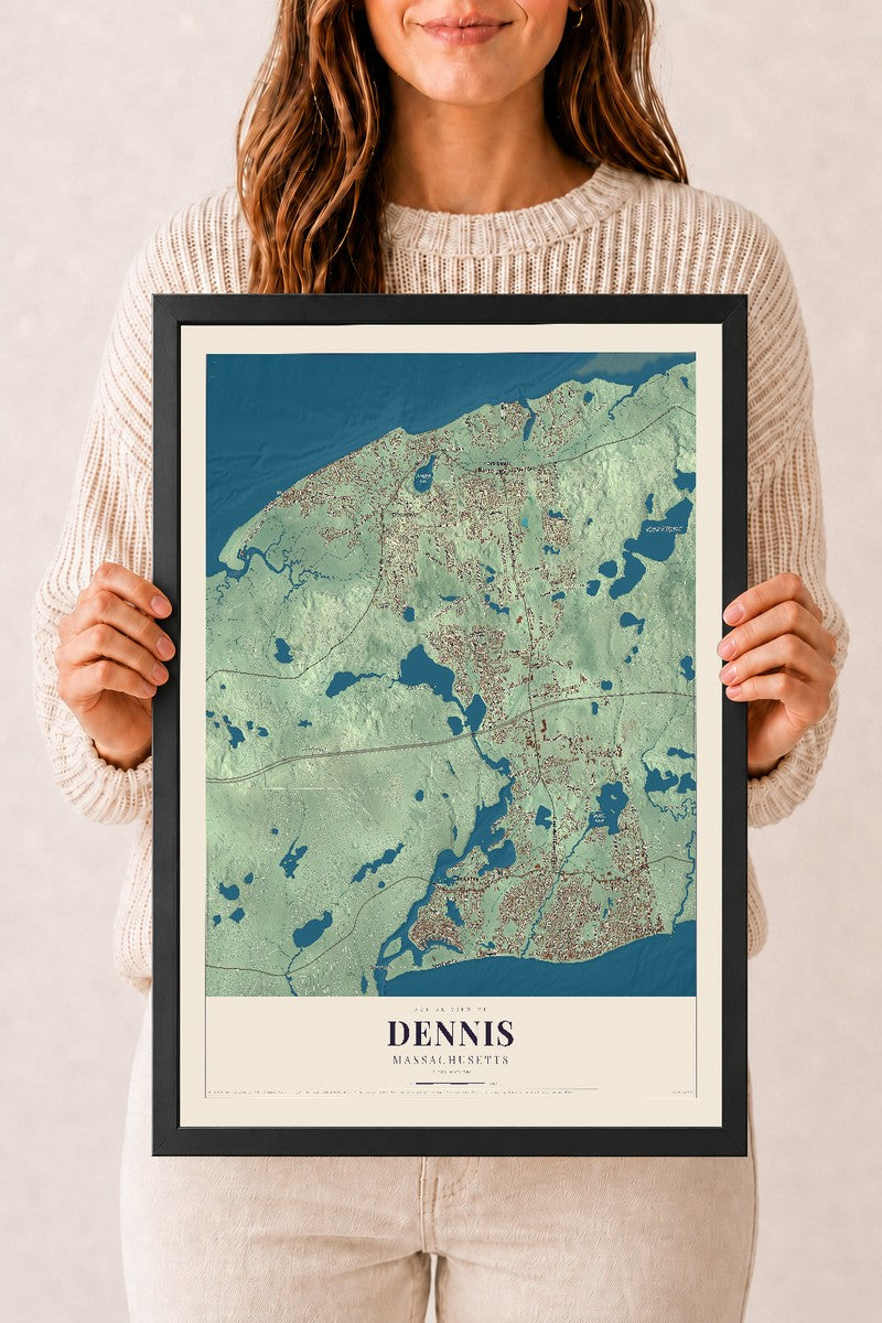 Dennis, Massachusetts map print - 12 x 18 black Ayous wood frame