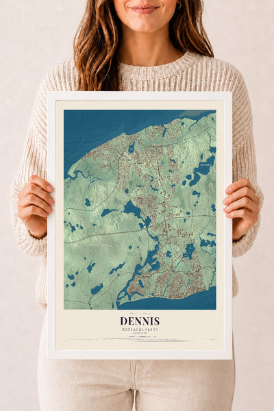 Dennis, Massachusetts map print - 12 x 18 white Ayous wood frame