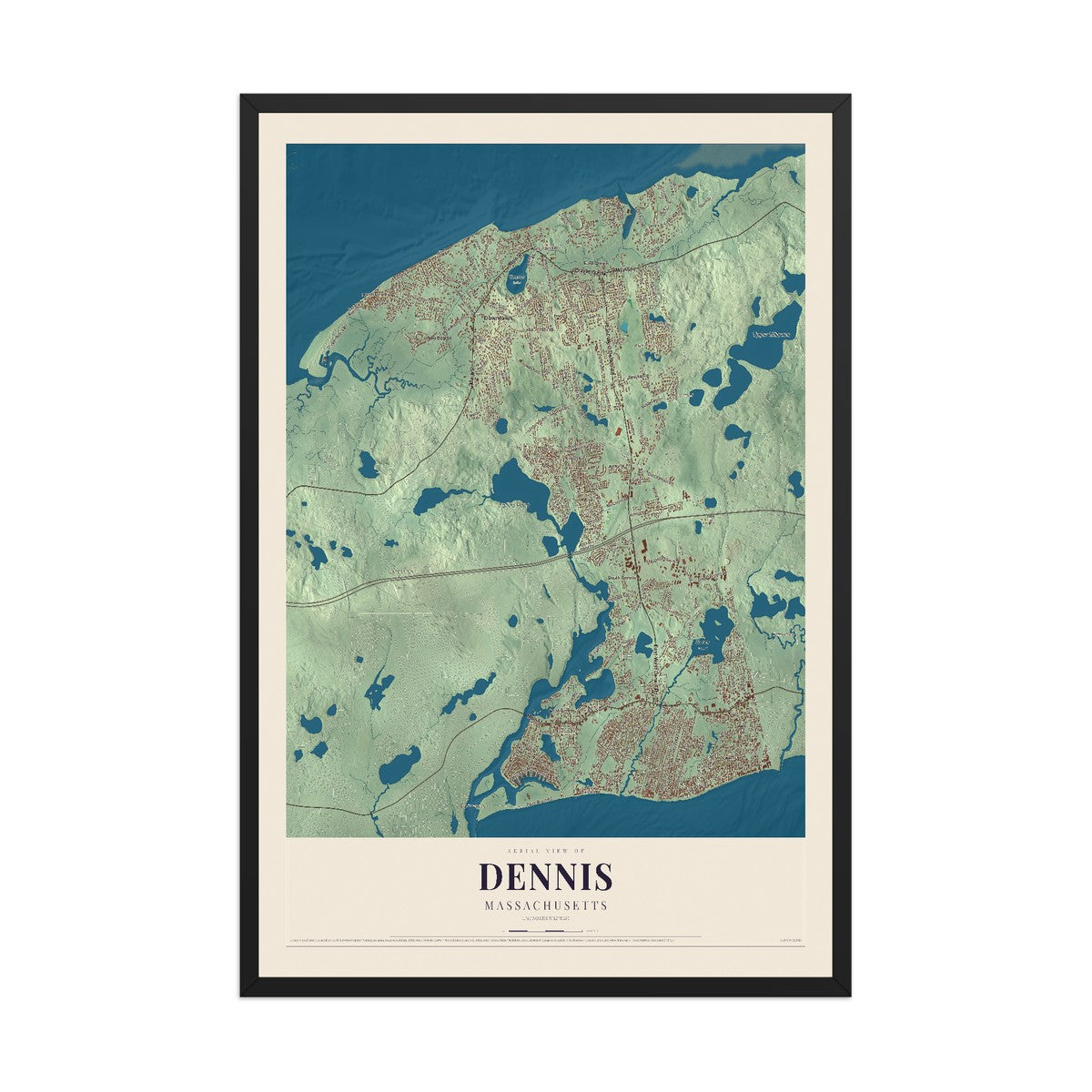 Map of Dennis, Massachusetts, 12 x 18 inch print in a black wood frame