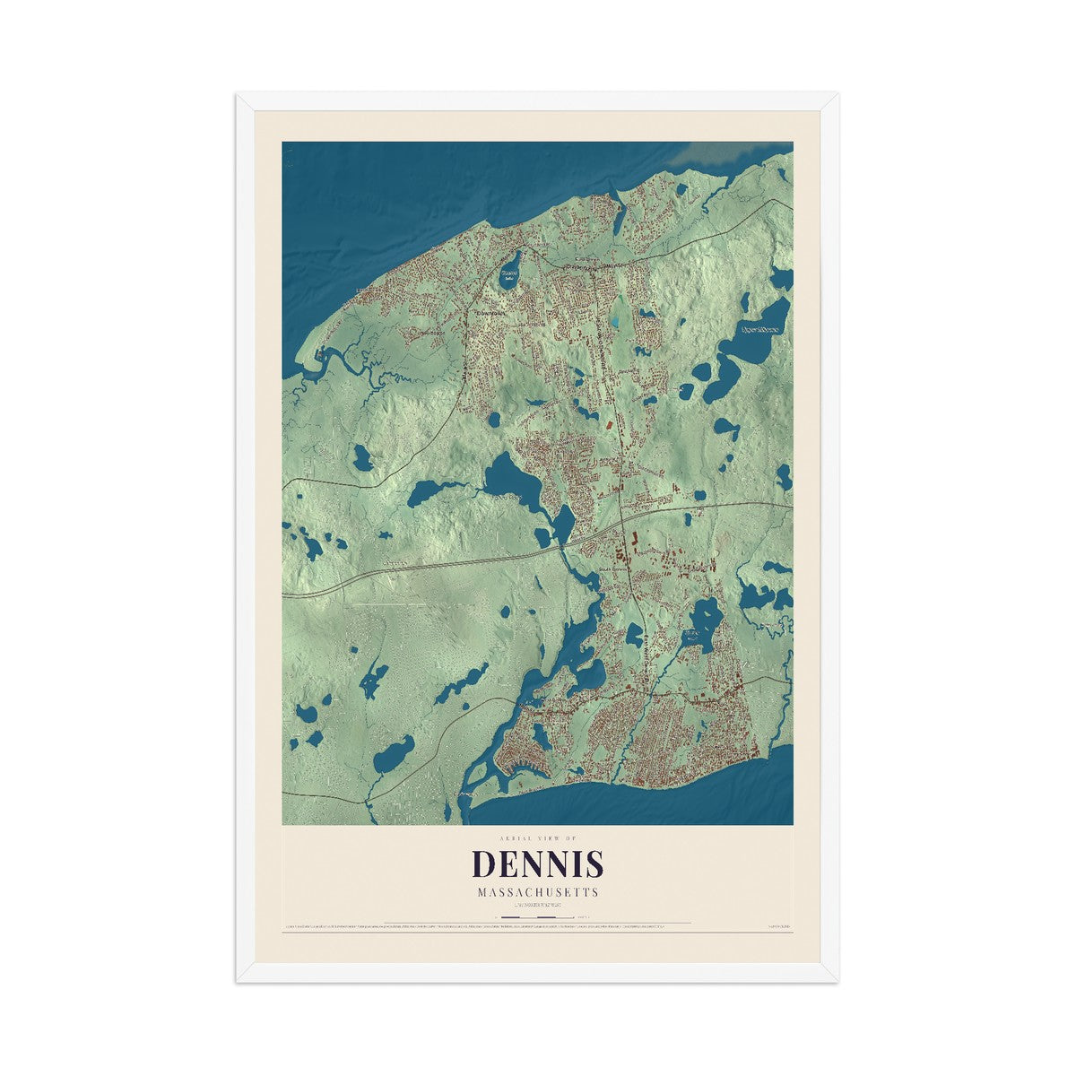 Map of Dennis, Massachusetts, 12 x 18 inch print in a white wood frame