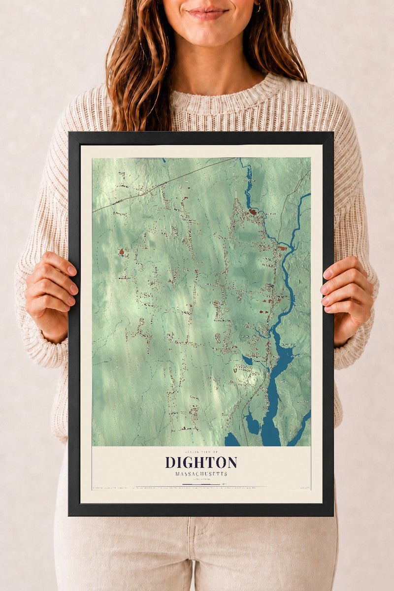 Dighton, Massachusetts map print - 12 x 18 black Ayous wood frame