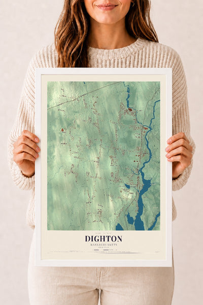 Dighton, Massachusetts map print - 12 x 18 white Ayous wood frame