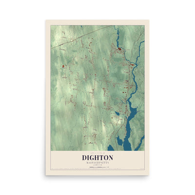 Map of Dighton, Massachusetts, 12 x 18 inch unframed archival matte print
