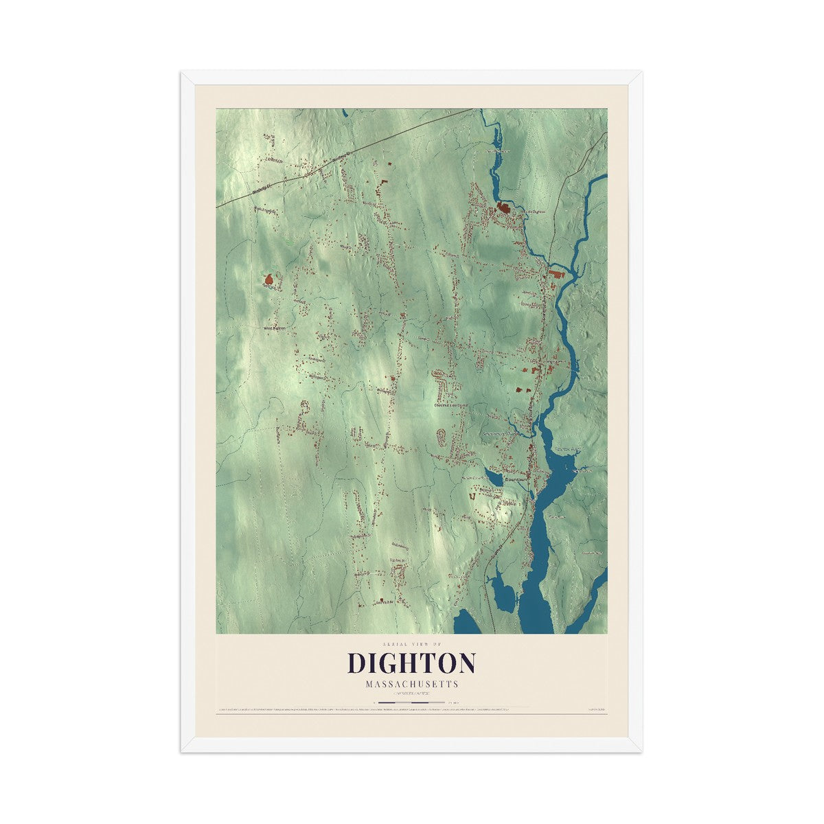 Map of Dighton, Massachusetts, 12 x 18 inch print in a white wood frame