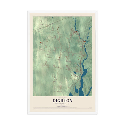 Map of Dighton, Massachusetts, 12 x 18 inch print in a white wood frame
