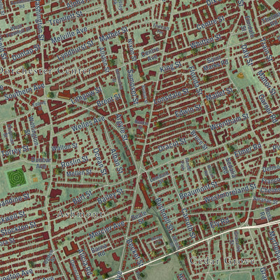 Close-up of the map of Dorchester, Massachusetts print showing street and building detail