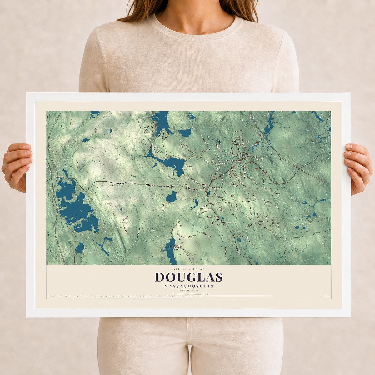 Douglas, Massachusetts map print - 12 x 18 white Ayous wood frame