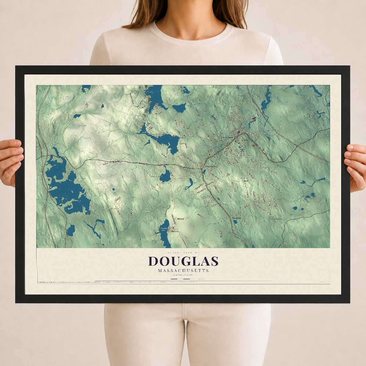 Douglas, Massachusetts map print - 18 x 24 black Ayous wood frame