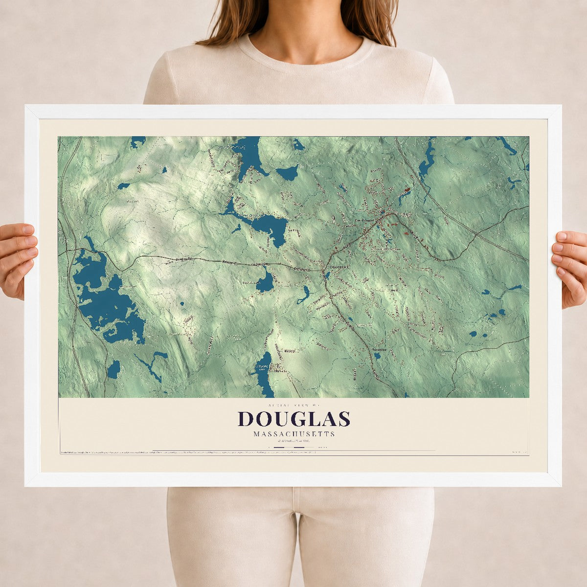 Douglas, Massachusetts map print - 18 x 24 white Ayous wood frame